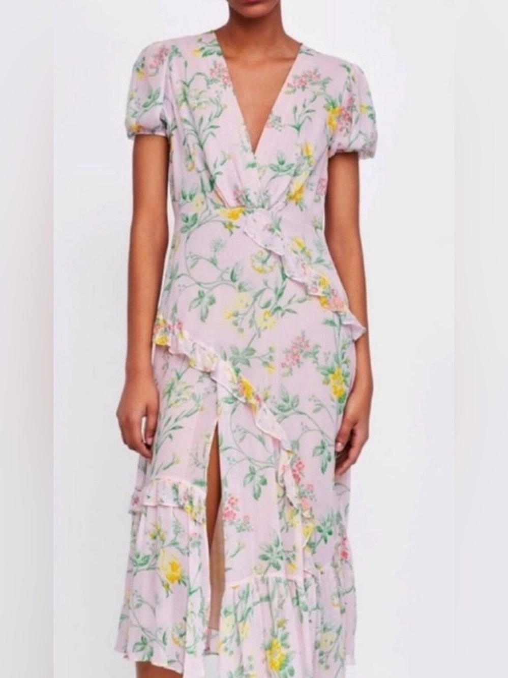 Zara Light Pink Floral Ruffle Asymmetrical Slit Midi Dress M